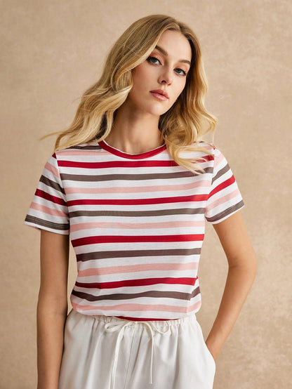 Toochki Tops for Woman | Spandex Top | T-Shirt | Tshirt | Western | for Jeans | Short Sleeve | Stretchable | Striped Printed Red