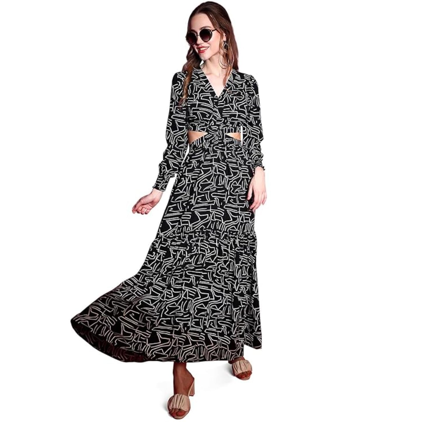 Sheetal Associates WomenS Crepe Fit And Flare Printed Full Sleeve V-Neck Casual Dress Black