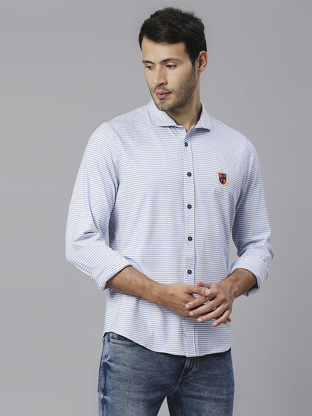 Thomas Scott Mens Solid Slim Fit Casual Shirt with Spread Collar and Full Sleeve Lt Blue