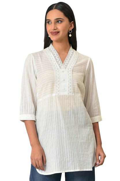 Aurelia Womens Solid Regular White Striped Cotton V-Neck Kurti (23FEA30336-605281