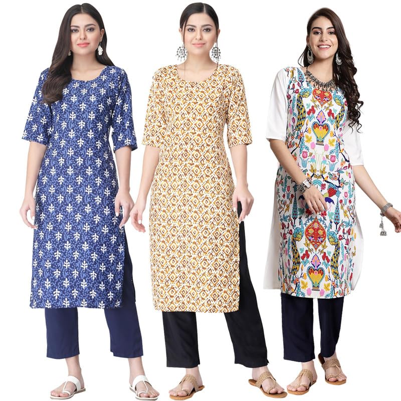 Pinkmint WomenS Crepe Printed Kurta Pant Straight Kurta Set For Women(Pack Of 3)