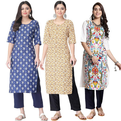 Pinkmint WomenS Crepe Printed Kurta Pant Straight Kurta Set For Women(Pack Of 3)