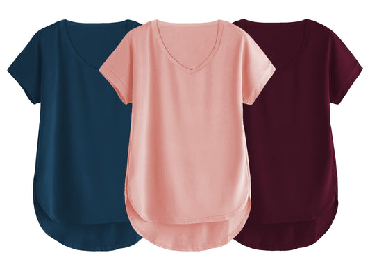 Fabricorn Combo Of Three Plain Dusty Rose, Airforce Blue And Wine V-Neck Up And Down Cotton Tshirt For Women (Dusty Rose, Airfor