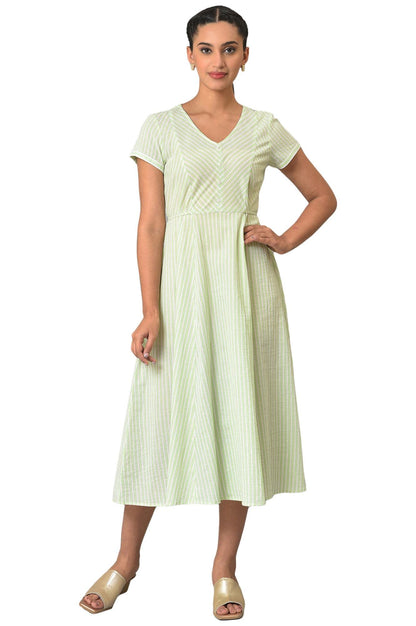Green Stripes V-Neck Summer Dress