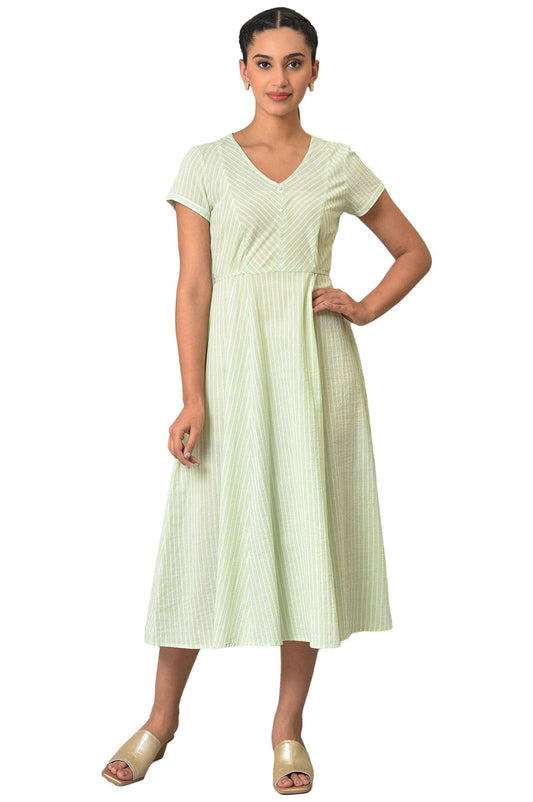 Green Stripes V-Neck Summer Dress