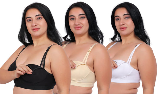Fabme WomenS Cotton Wire Free Casual Nursing Bra (Pack Of 3) (Po3-Br_243_Skin, White, Black