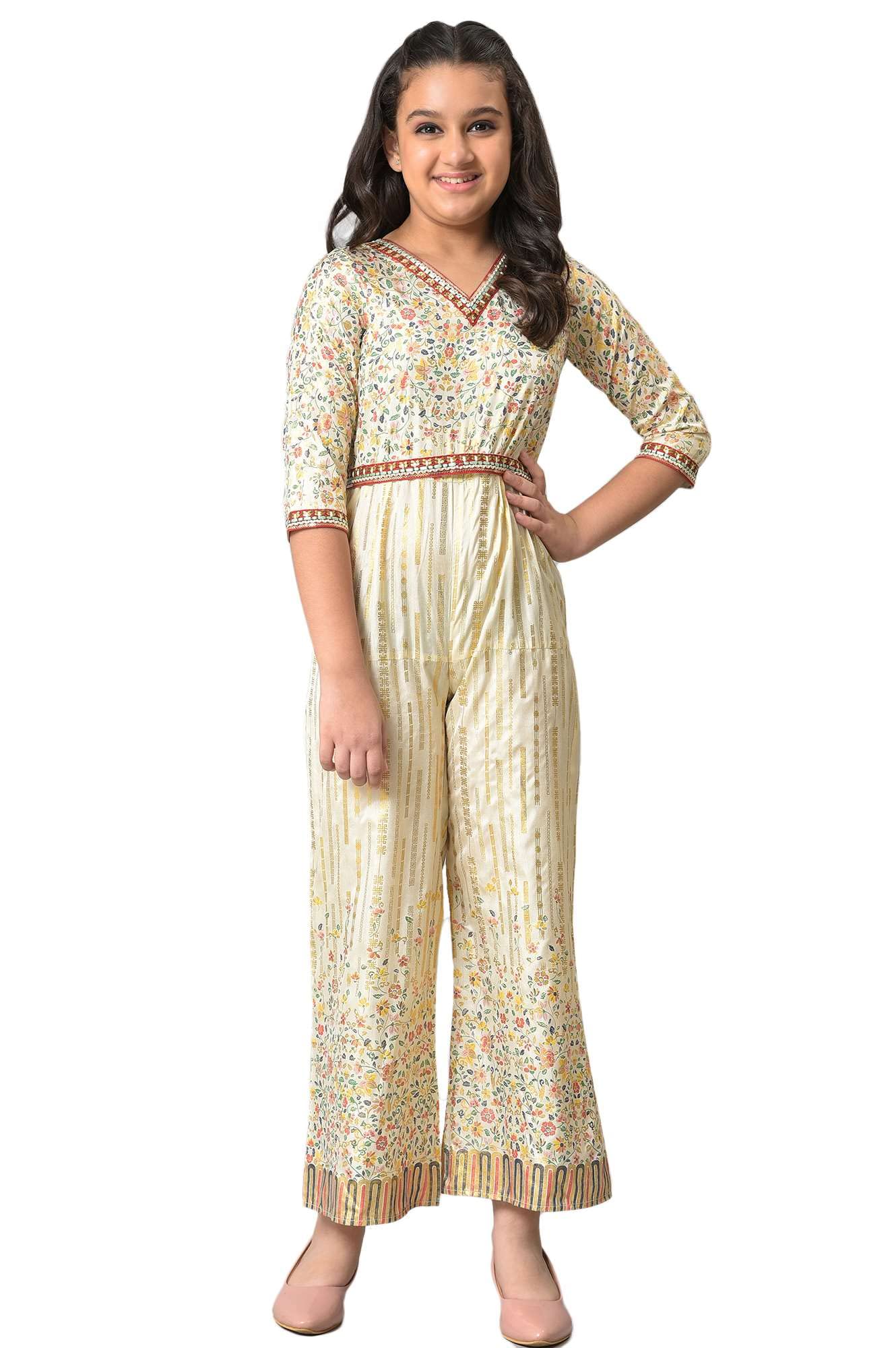 Aurelia Girls Polyester Fit and Flare Knee-Length Casual Dress (22AUG10256B-504848_Beige