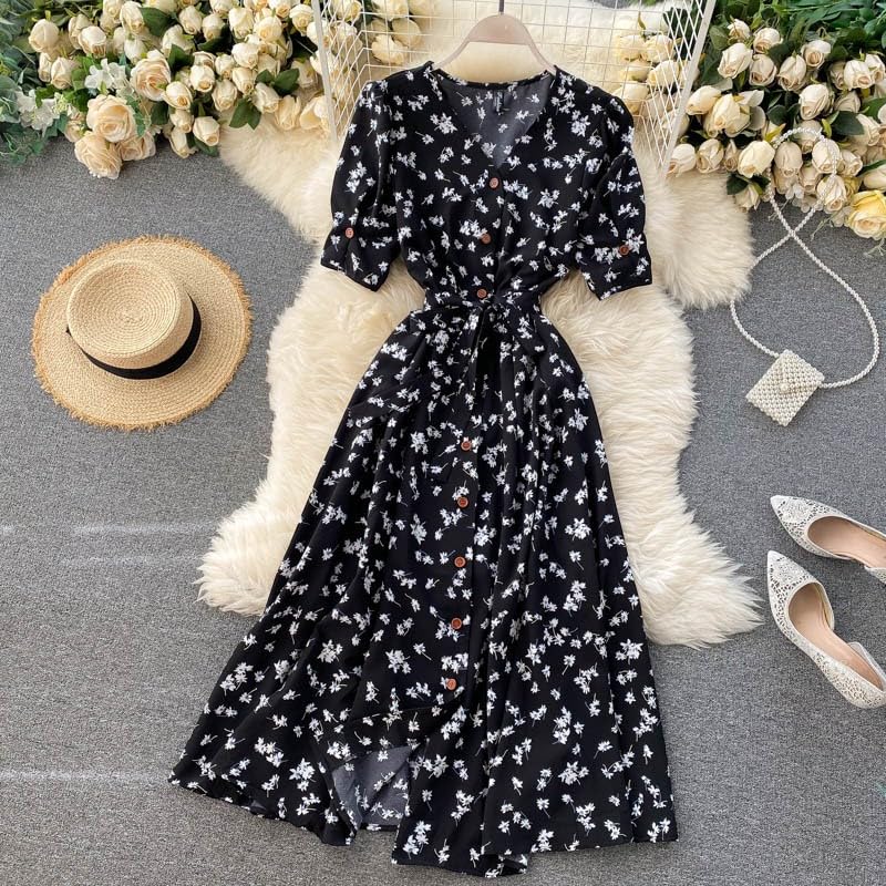 Gufrina Dresses For Women Half Sleeve || Floral Print || V-Neck And Puff Sleeves || Front Open Button & Tie-Up || Midi Dress (Bl