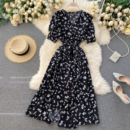 Gufrina Dresses For Women Half Sleeve || Floral Print || V-Neck And Puff Sleeves || Front Open Button & Tie-Up || Midi Dress (Bl