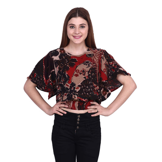 POPWINGS Casual Batwings Sleeves Round Neck Floral Print Regular Multicolor Top for Women