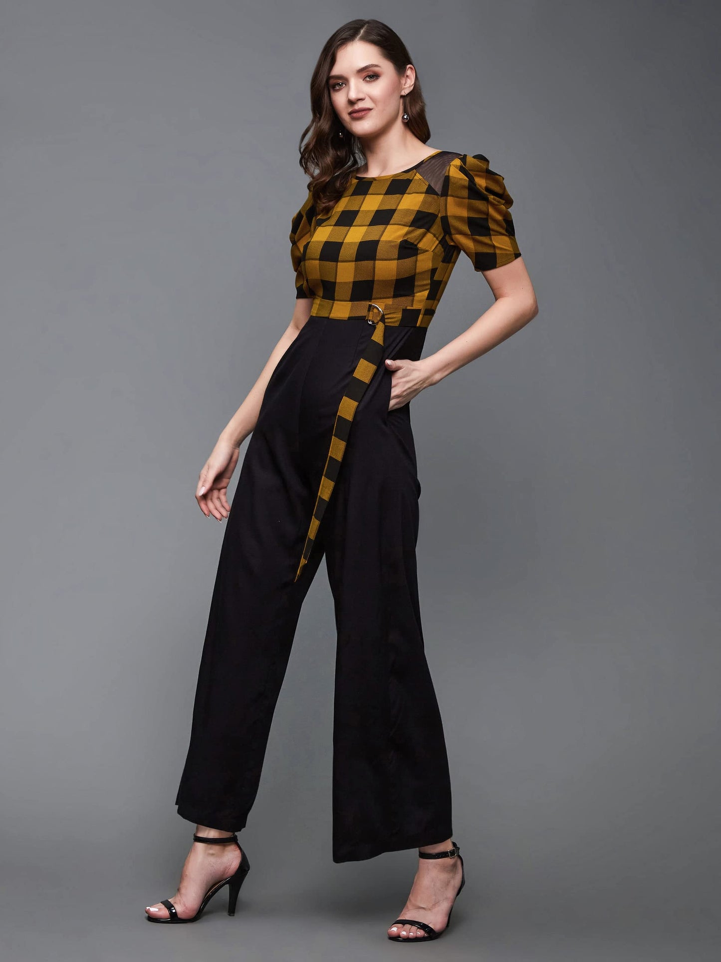 Miss Chase WomenS Black & Mustard Round Neck Cowl Sleeve Checkered Wide-Leg Viscose-Rayon Regular Length Jumpsuit (Mcss23D15-71