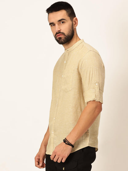 Thomas Scott Cotton Linen Mandarin Collar Roll Up Sleeve Casual Shirt for Mens Khaki
