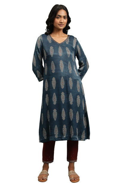 W for Woman Indigo AJRAKH Kurta in Lustrous Satin