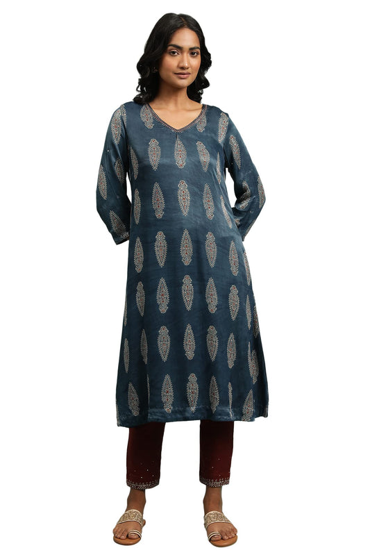 W for Woman Indigo AJRAKH Kurta in Lustrous Satin