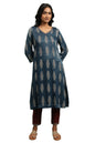 W for Woman Indigo AJRAKH Kurta in Lustrous Satin