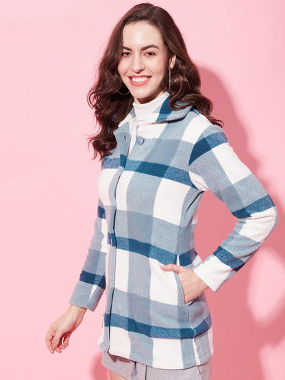Modeve Women Checked Full Sleeve Teal Jacket For Winter