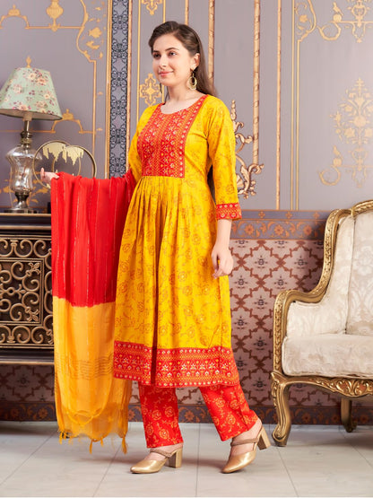 Aarika Girls Ethnic Wear Yellow-Red Colour Foil Print Rayon Kurti-8-15 Years (Kurti-Ap-804)