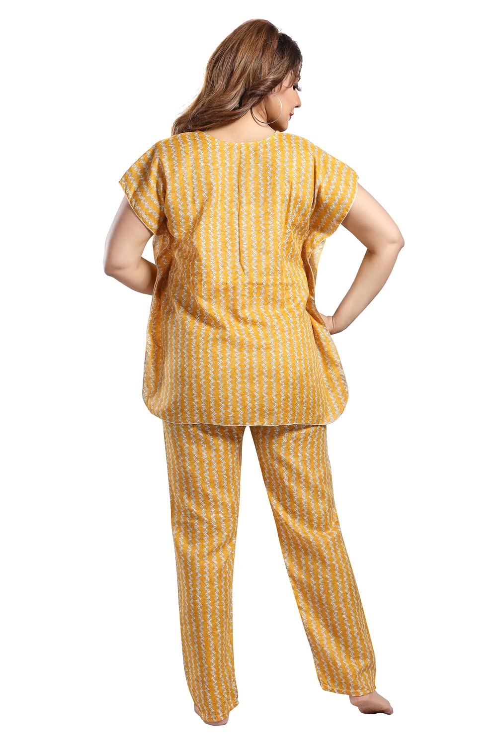 Fabme WomenS Cotton Printed Kaftan And Pyjama Set - Mustard_Cream