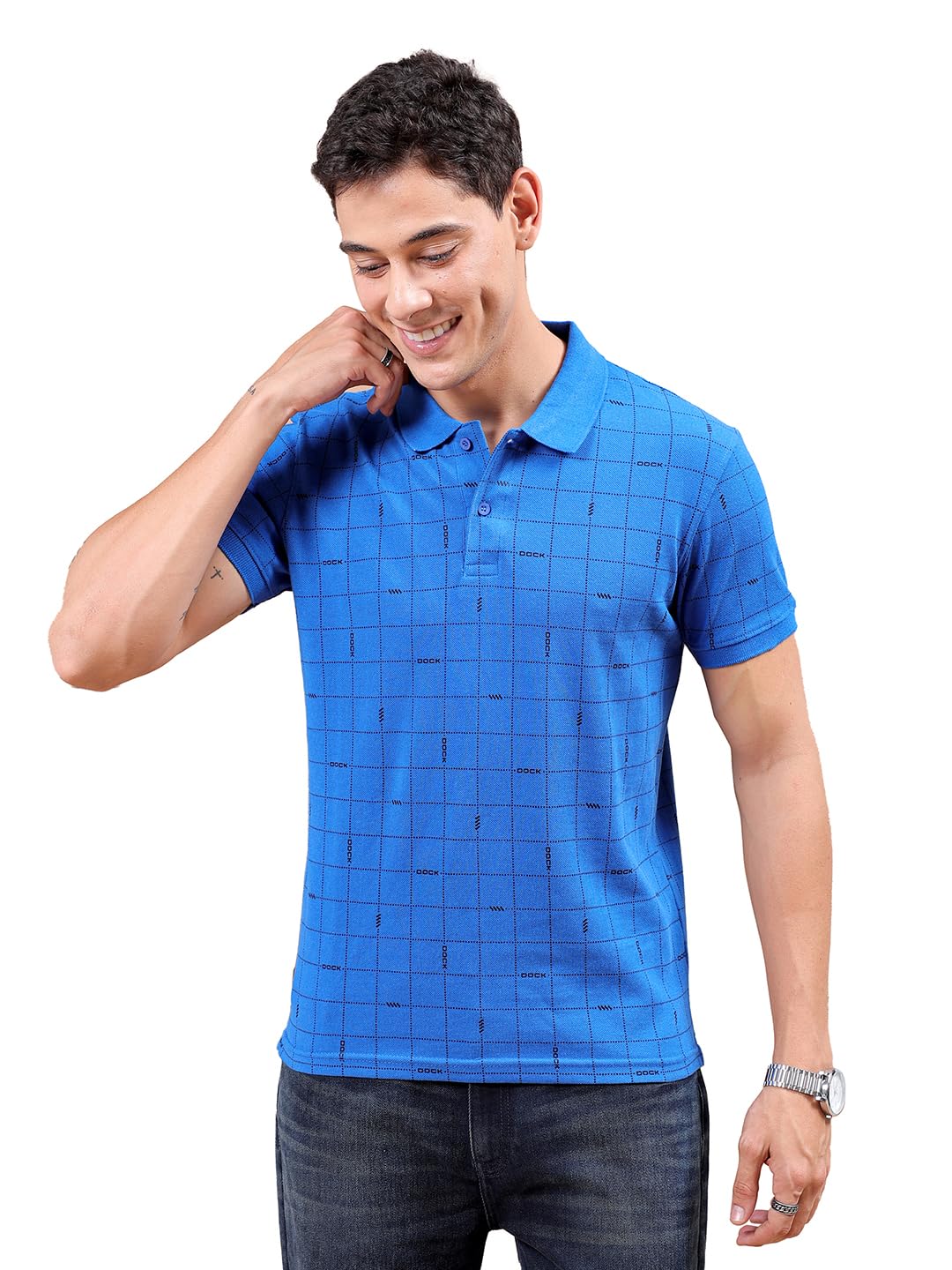The Indian Garage Co Men Slim Fit Checked Polo Collar Tshirt Cobalt Blue