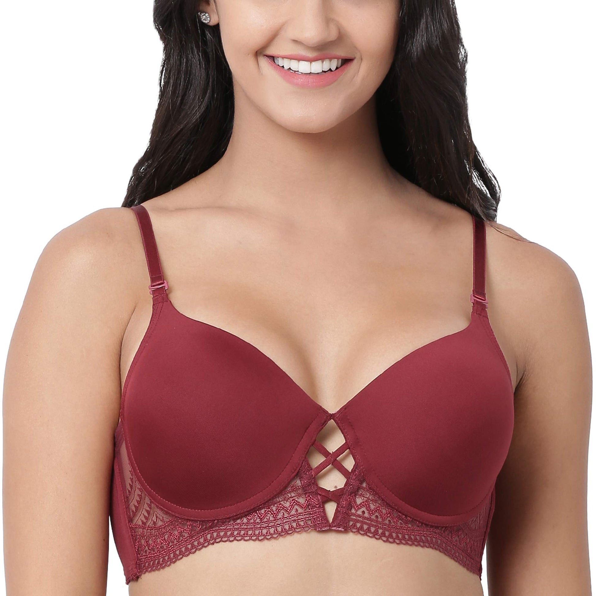 Enamor F040 Long Line Lift T-Shirt Bra - Padded Wired Medium Coverage - Crimson Red