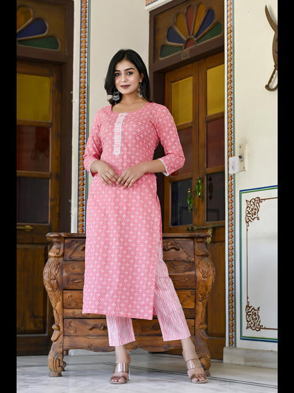 GoSriKi Women's Cotton Blend Straight Printed Kurta with Pant (Tai Pink-2NW-GS)