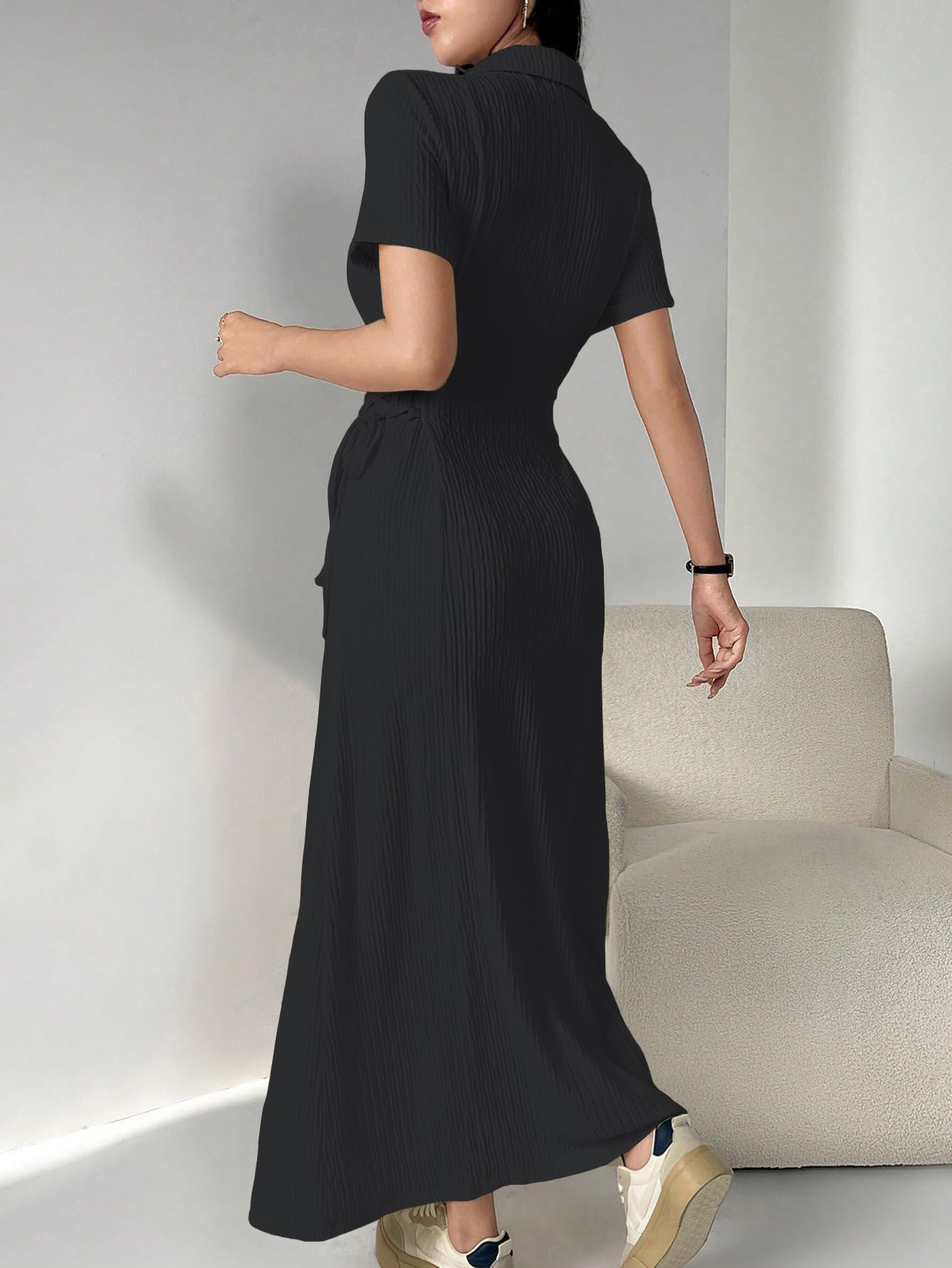 Shasmi Womens Black Solid Color Applique Lace-Up Collared Short Sleeve, Side-Tie Waist Long Casual Maxi Women Dress Outfit Long