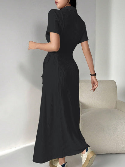 Shasmi Womens Black Solid Color Applique Lace-Up Collared Short Sleeve, Side-Tie Waist Long Casual Maxi Women Dress Outfit Long