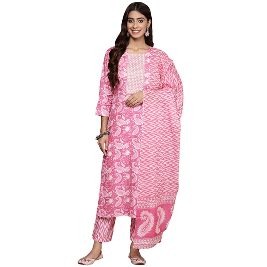 anubhutee Women's Pure Cotton Floral Printed Blue Kurta Suit Set with Trousers & Dupatta