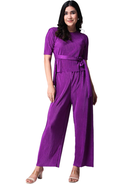 Popwings Casual Women Wrinkle Textured Purple Co-Ords Set