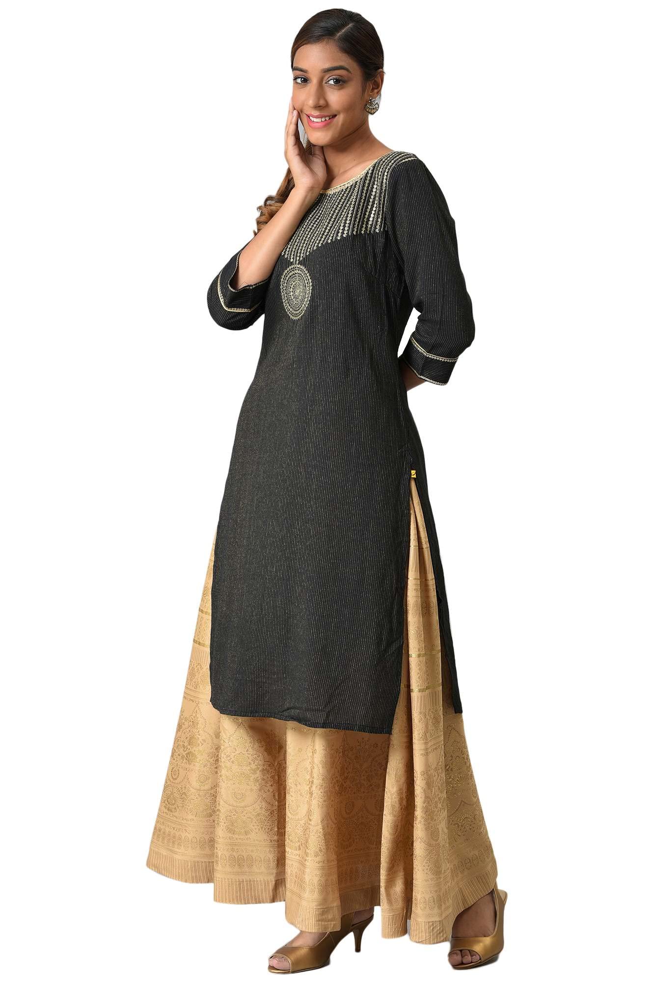 Aurelia Women Black Viscose Blend Geometric Yarn Dyed Straight Kurta