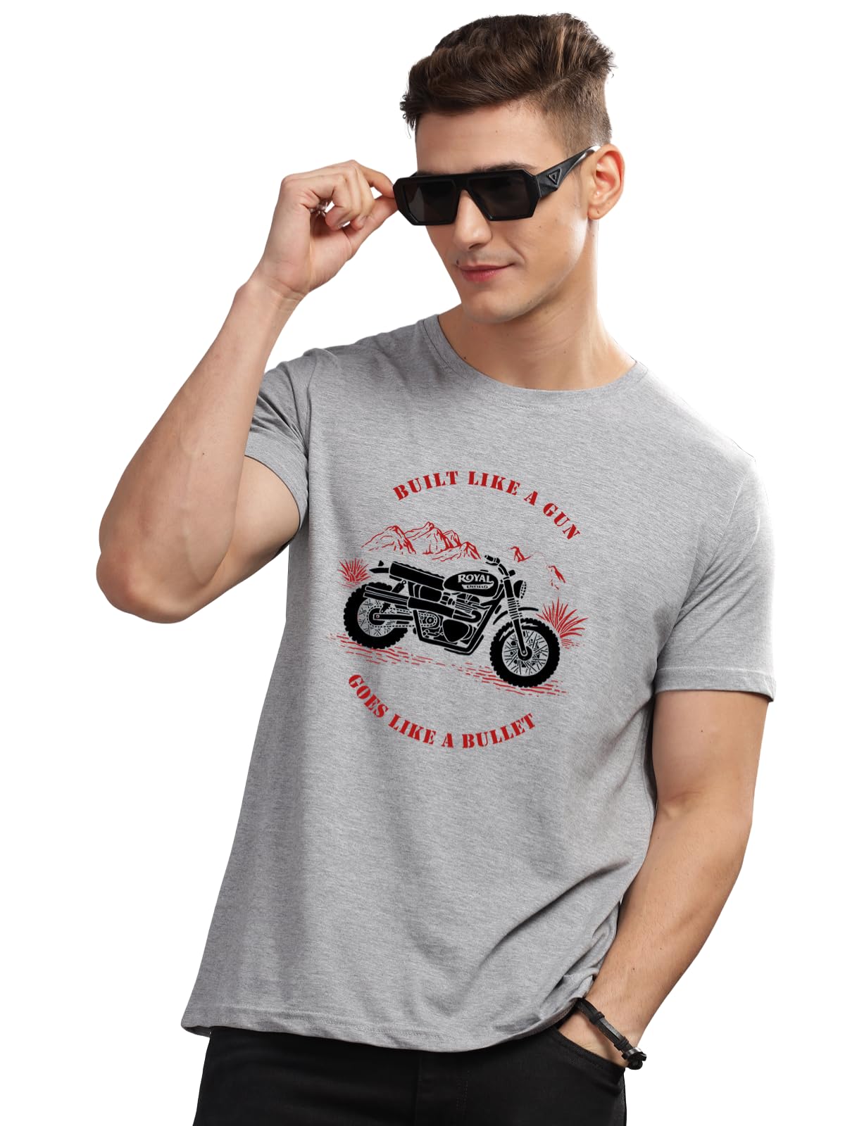 ADRO Men's Royal Bike Design Printed 100% Cotton T-Shirt - Regular Fit, Printed T-Shirts for Men (RN24-RYL-GR_Grey)