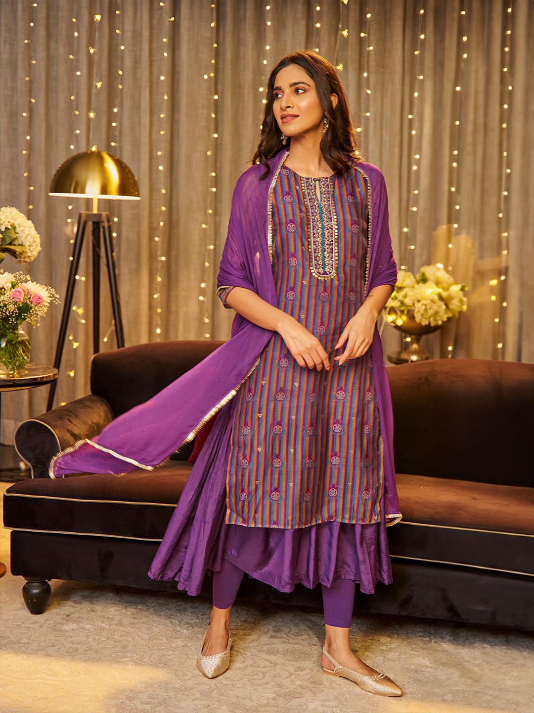 W For Woman Purple Striped Synthetic Zari Digital Kurta Dupatta Bottomwear