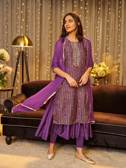 W For Woman Purple Striped Synthetic Zari Digital Kurta Dupatta Bottomwear