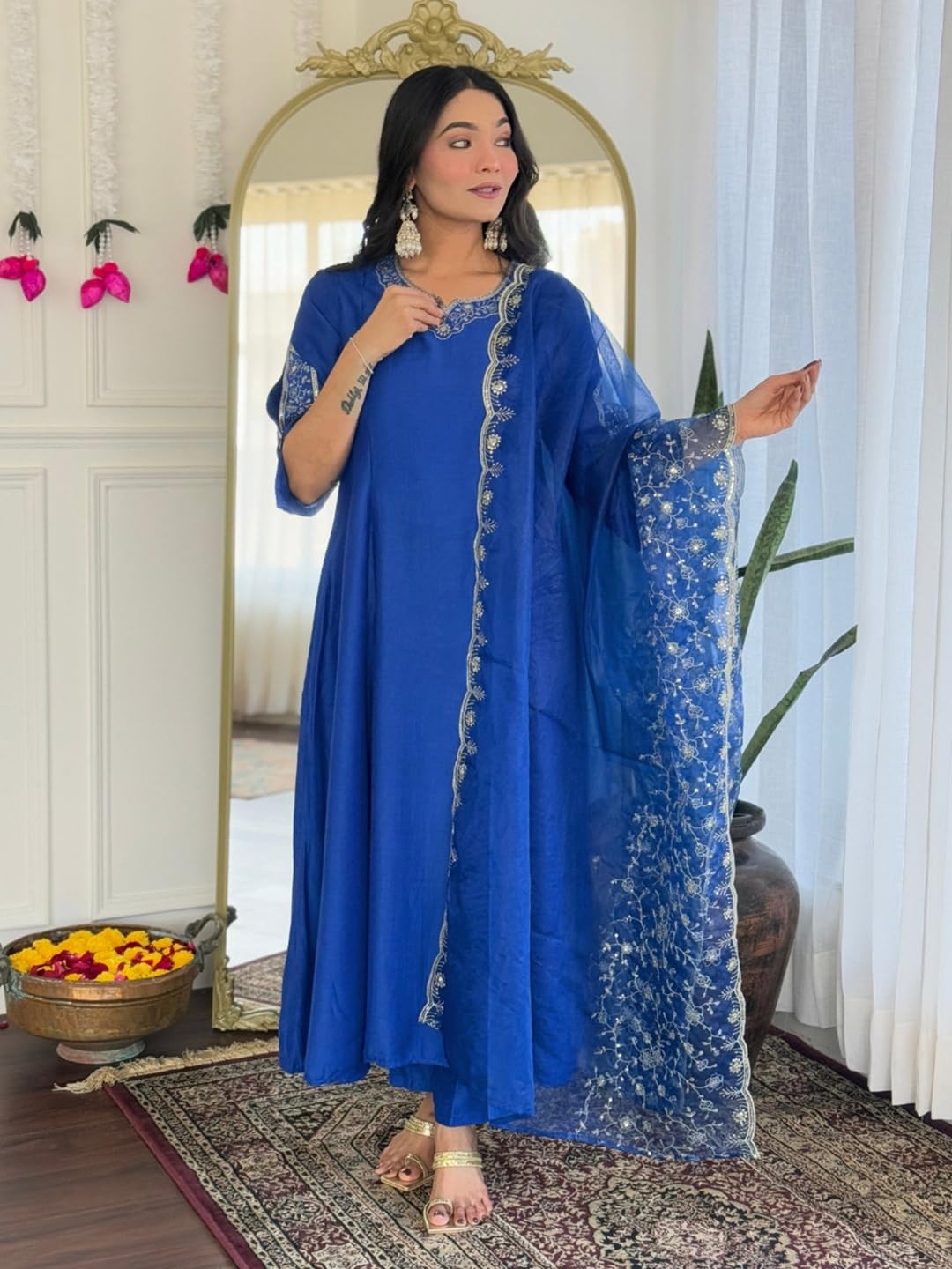 Naixa WomenS Blue Viscose Silk Embroidered Flared Kurta With Viscose Silk Pant And Organza Embroidered Dupatta Sets (Nx-641-Blu