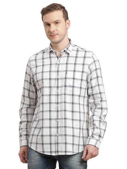 Turtle Men 100% Cotton Slim Fit White Checkered Full Sleeve Casual Shirt