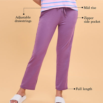 Enamor Essentials Womens E014-Mid Rise Slim Fit Basic Straight Leg Lounge Pants, Violet