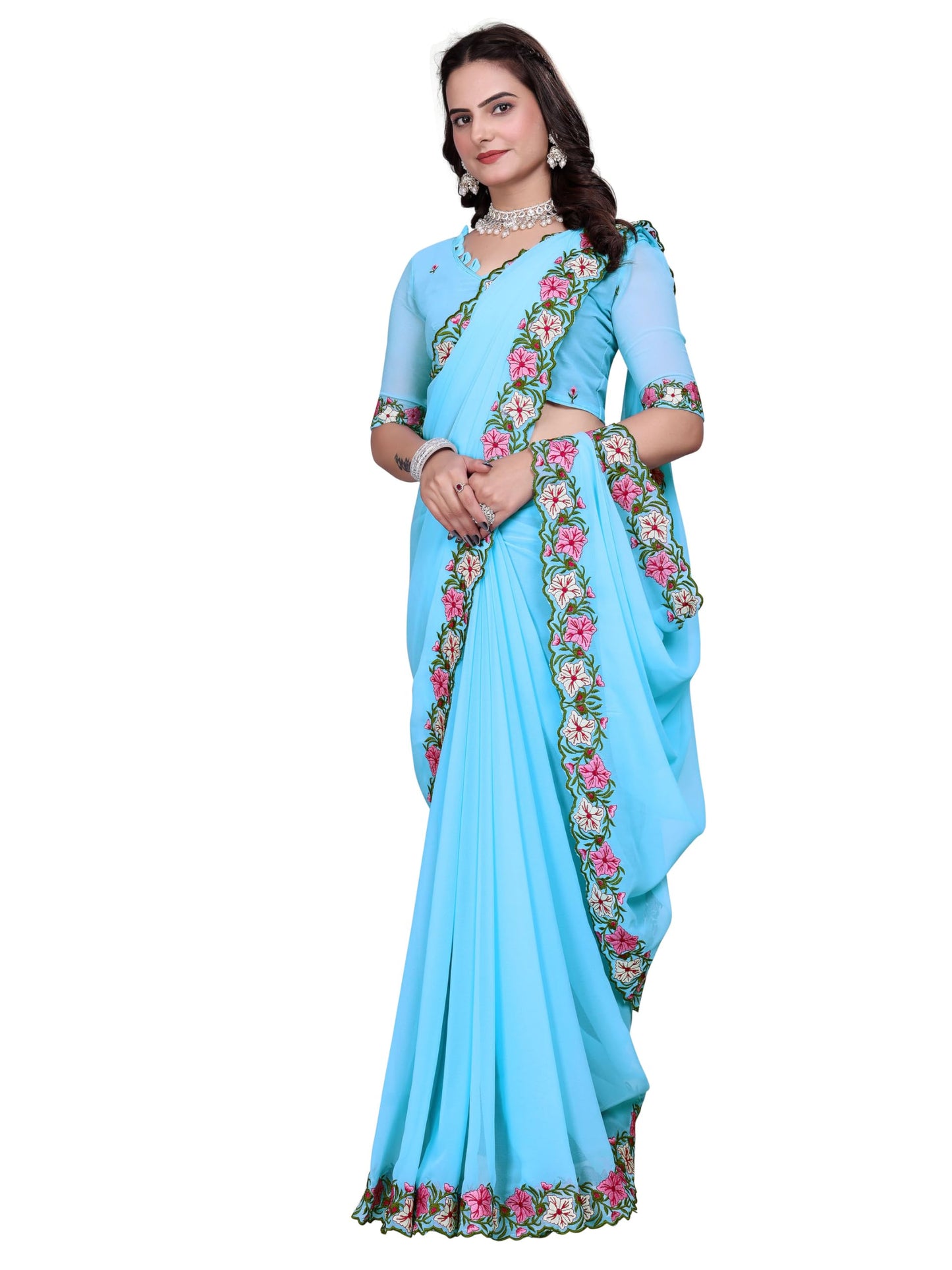 Suketa WomenS Soft Georgette Saree With Floral Printed Border Unstitched Blouse Piece Solid Pattern | Saree For Woman Daily Wear