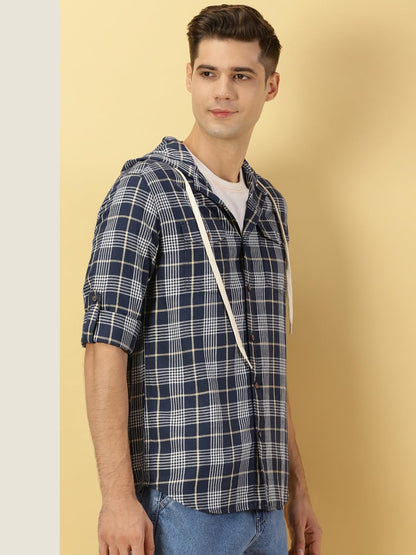 Thomas Scott Tartan Checked 100% Cotton Shirt Hoodie for Mens Indigo