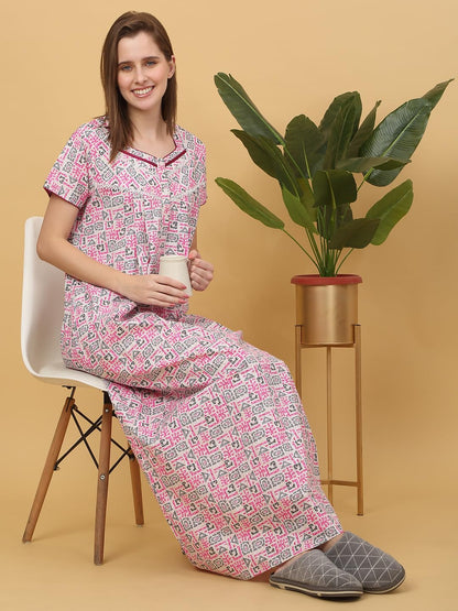 Sweet Dreams Women Printed Full Length Night Dress Pink
