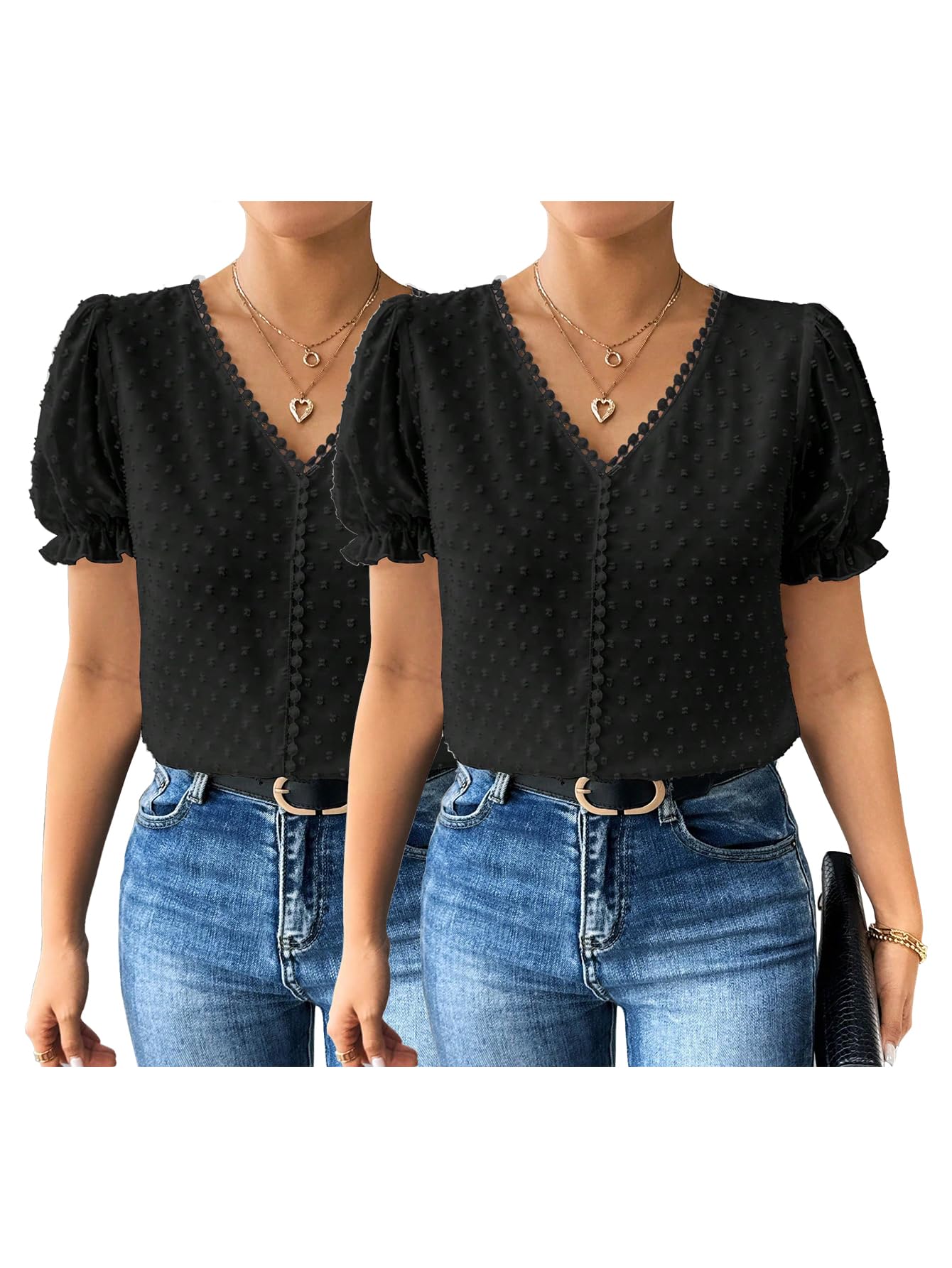 Shasmi Womens Black Elegant French Textured Fabric Solid Black Color Lace Panel V-Neck Jacquard Blouse,Short Puff Sleeve Tops S