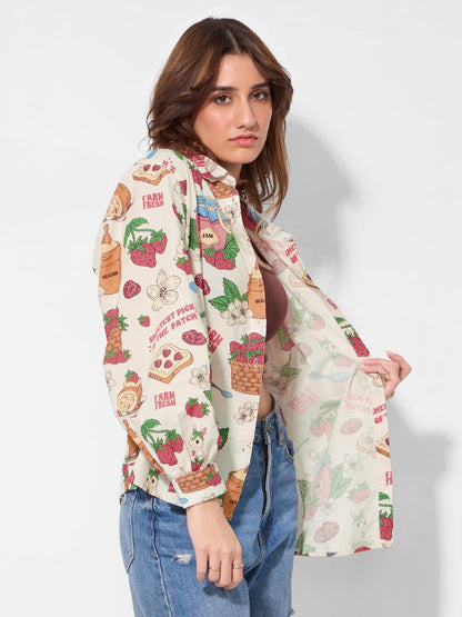 The Souled Store Cotton Linen: Strawberry Women and Girls Long Sleeves Collared Neck Button Front Off White All Over Printed Rel
