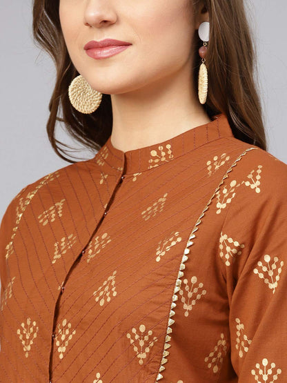 Idalia Womens Rust Gold Ethnic Kurta Set For Women Stylish Mandarin Collar Printed Cotton Kurta With Pant Set For Wedding & Fest