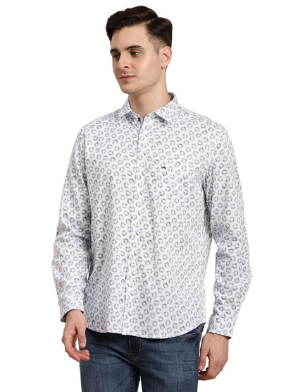 Turtle Men 100% Cotton White Printed Slim Fit Casual Shirt
