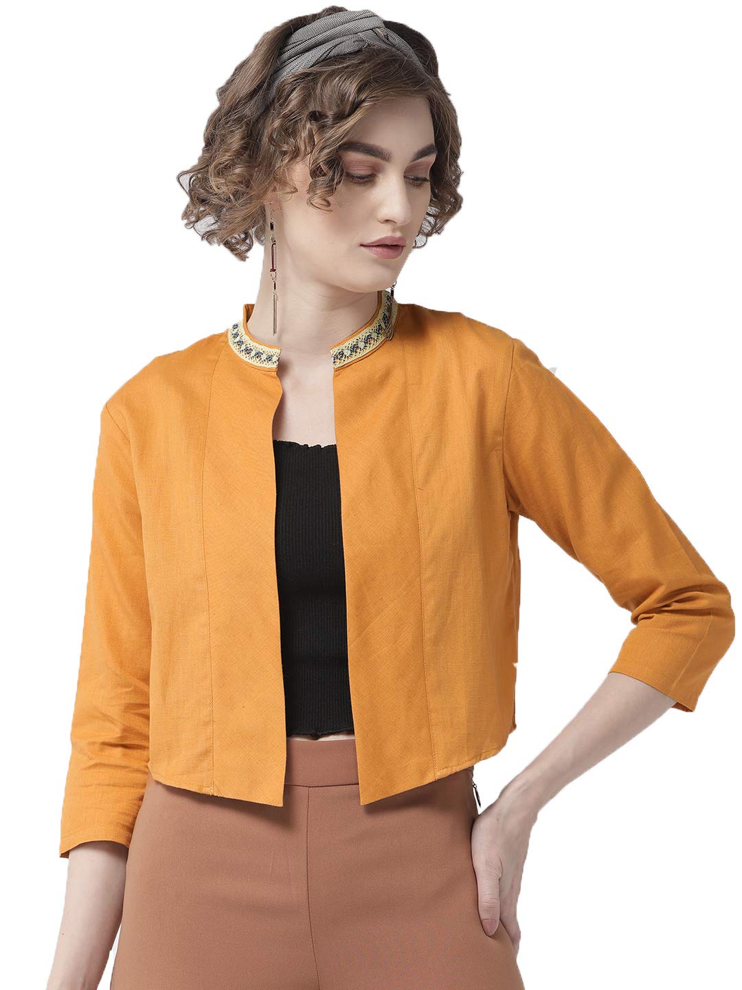 Style Quotient Women Solid Black Cotton Smart Casual Crop Shrug