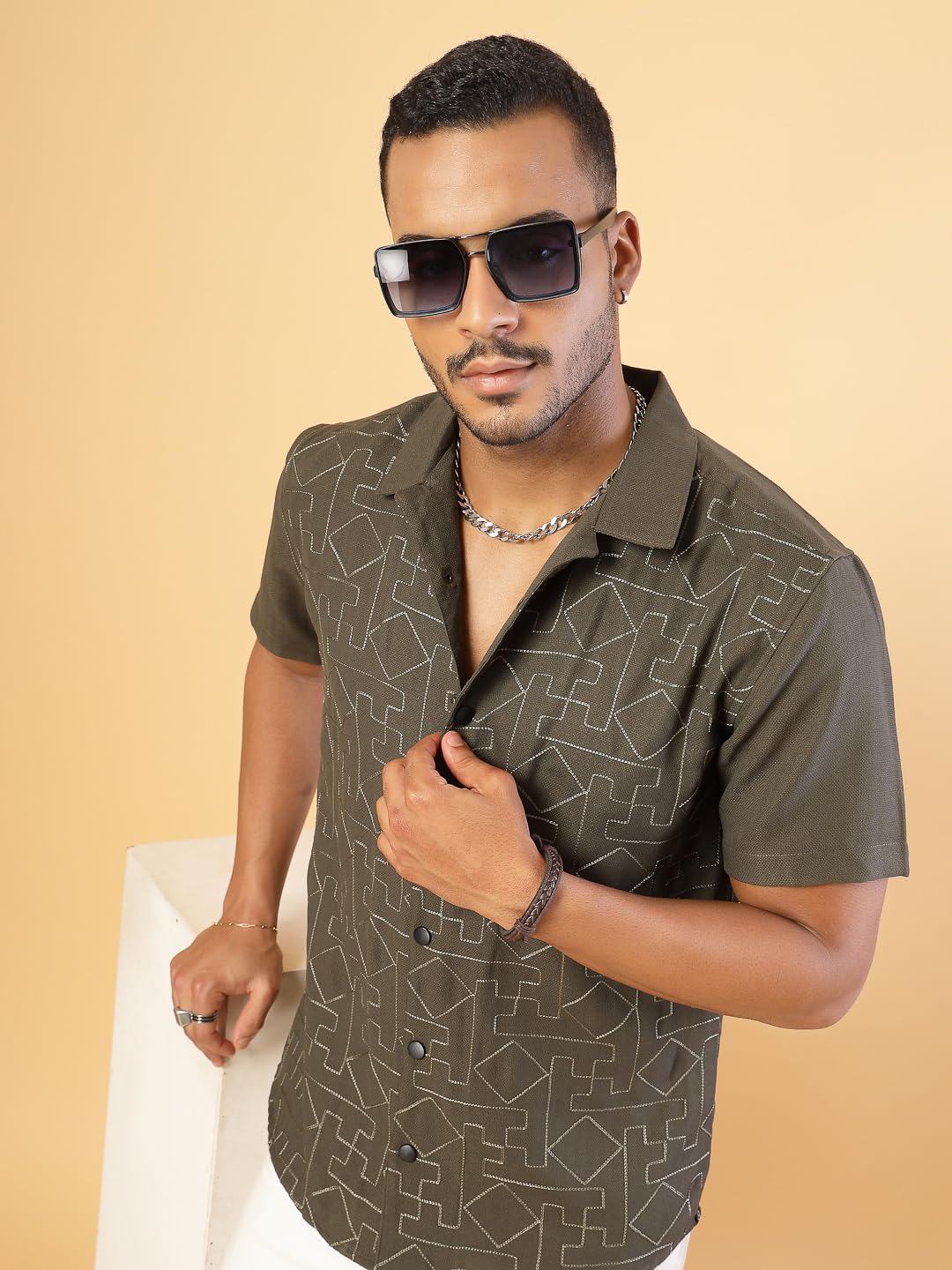 Rigo Linen Embroidery Regular Fit Shirt for Mens | Half Sleeve Shirt for Men | Summer Shirts for Men Army Green