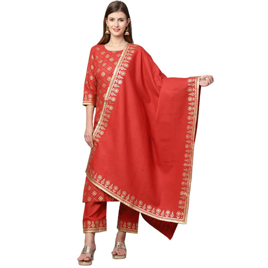 ANNI DESIGNER Women's Cotton Straight Kurta with Pant & Dupatta (KPTD-COT-10061-RED)