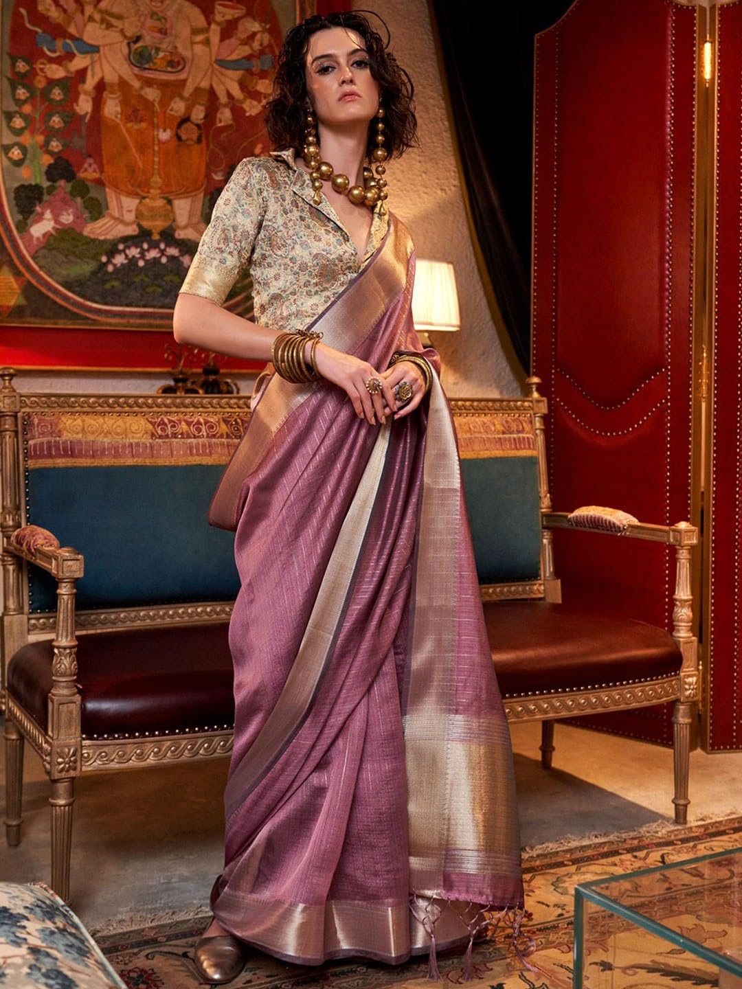 Madhuhansh Womens Soft Linen Saree With Unstitched Multicolor Paisley Blouse Piece Saree With Satin Border Comfortable Skin Frie