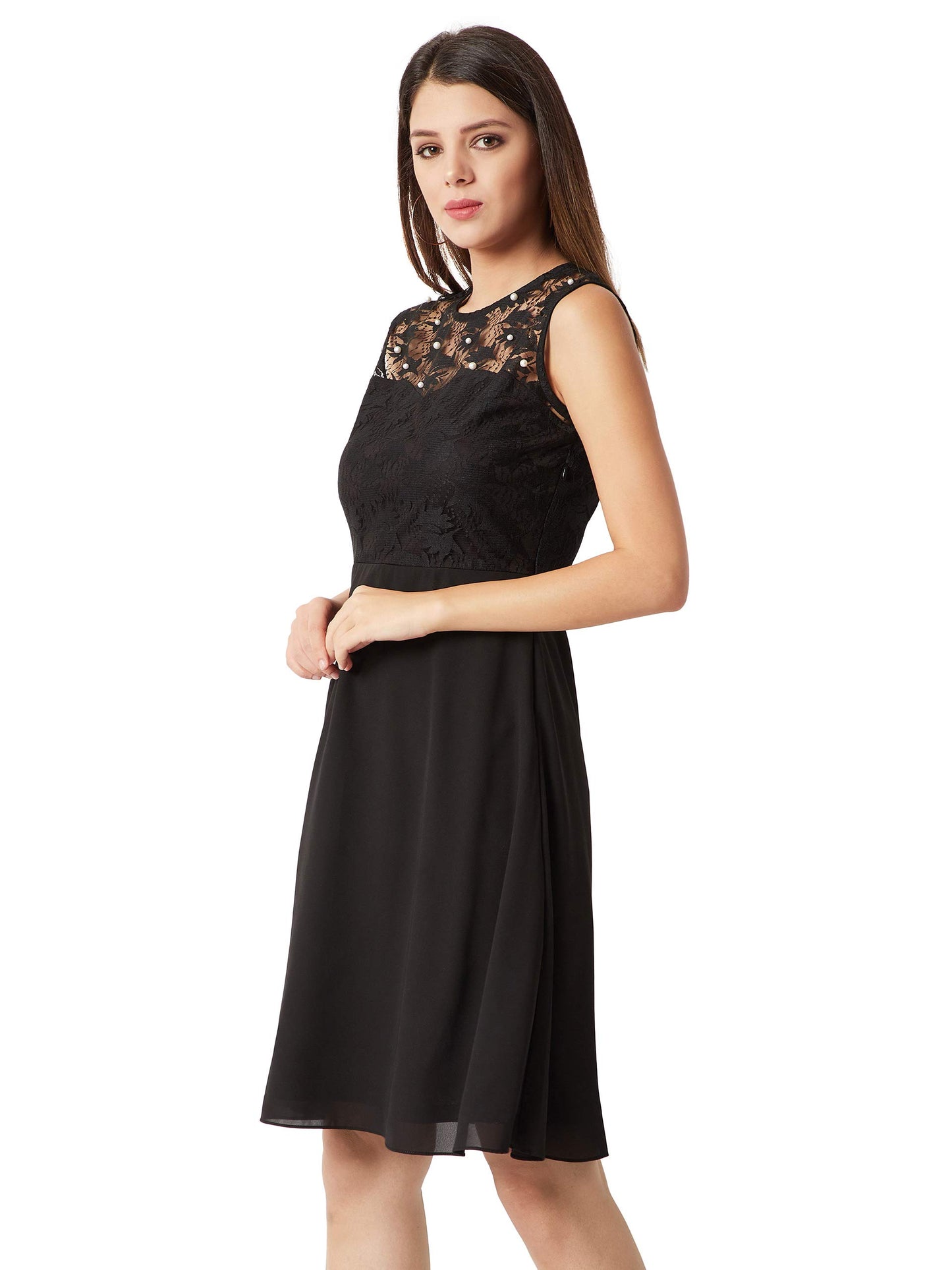 Miss Chase WomenS Black Round Neck Sleeveless Solid Paneled Lace And Pearl Detailing Knee Length Skater Dress (Mcaw18D10-88-62_
