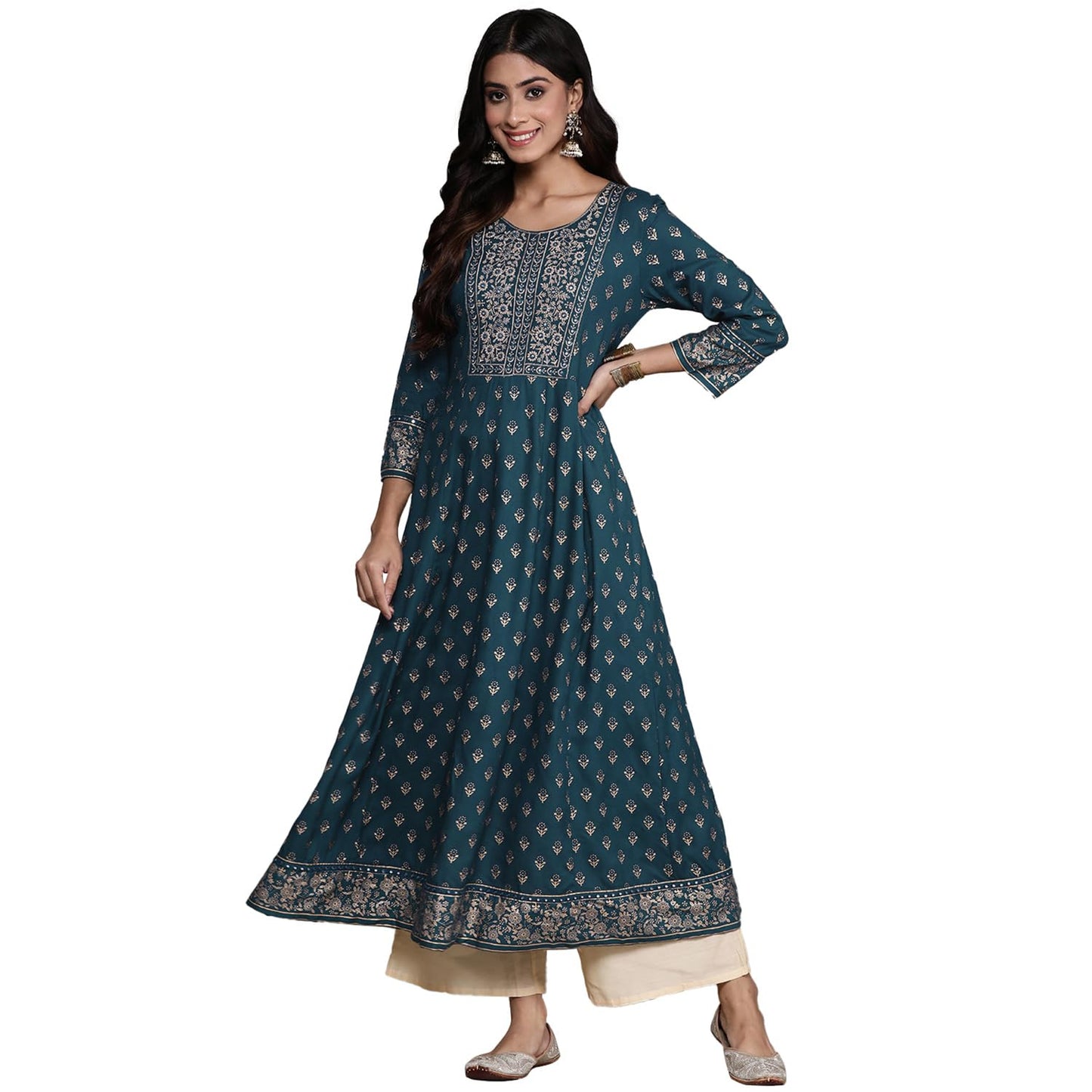anubhutee Women's Viscose Rayon Ethnic Motifs Embroidered Teal Mirror Work A-Line Kurta