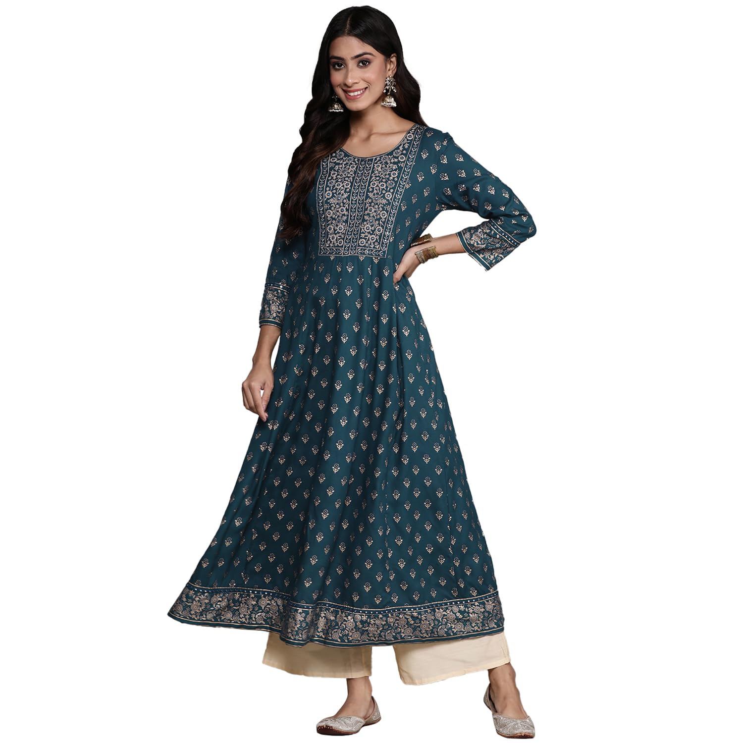 anubhutee Women's Viscose Rayon Ethnic Motifs Embroidered Teal Mirror Work A-Line Kurta